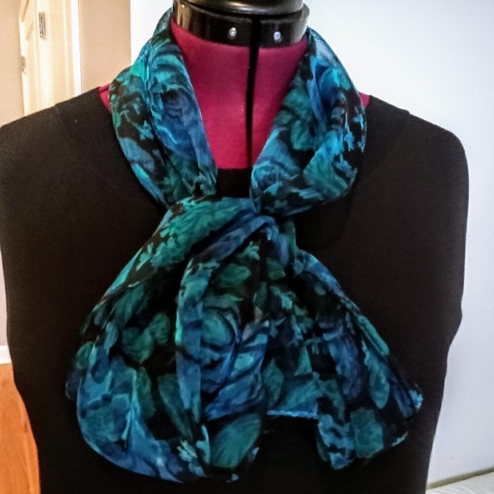 Sheer Blue Green & Black Floral Print Oblong Scarf